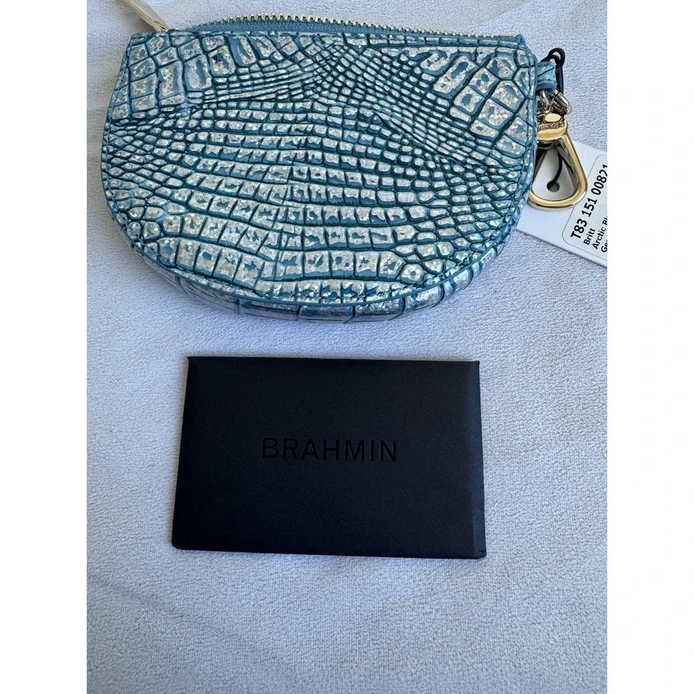 Brahmin Britt Arctic Blue Melbourne Croc Leather Clip On Coin Holder Charm Gold